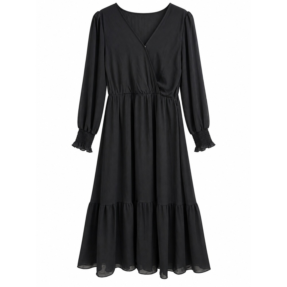 Prettygarden Black Chiffon Wrap Midi Dress Size M Long Sleeve Tiered